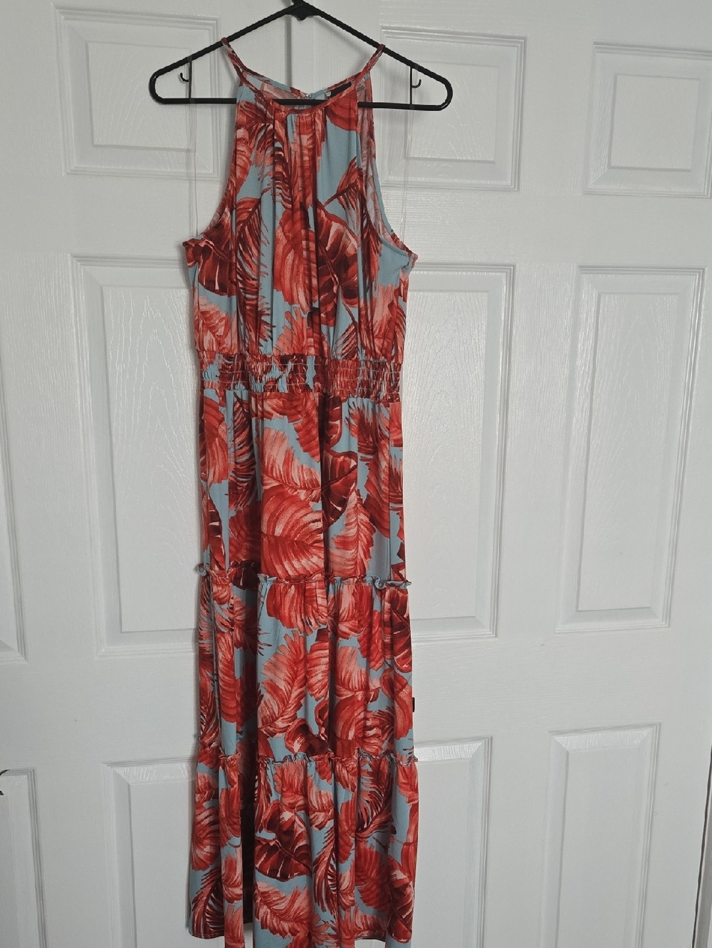 Maison Tara Coral Red Floral Halter Dress on Light Blue